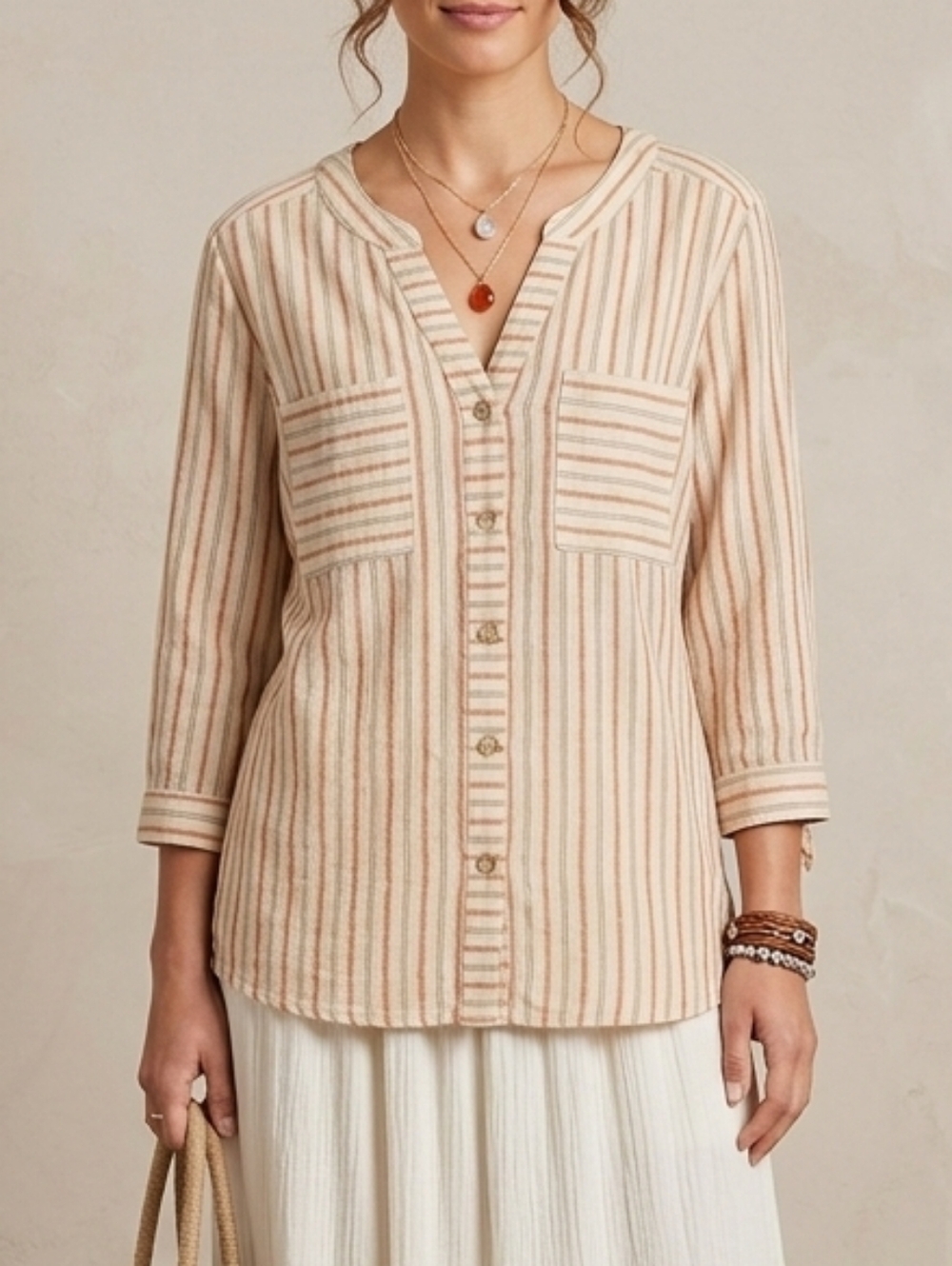Ruby Rd. Petite Striped Cotton Linen V-Neck Roll-Tab Sleeve Blouse Tan Rust PXL